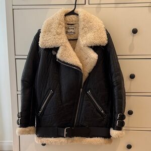Acne Black Leather Shearling Aviator Jacket with Cream Trim size 34